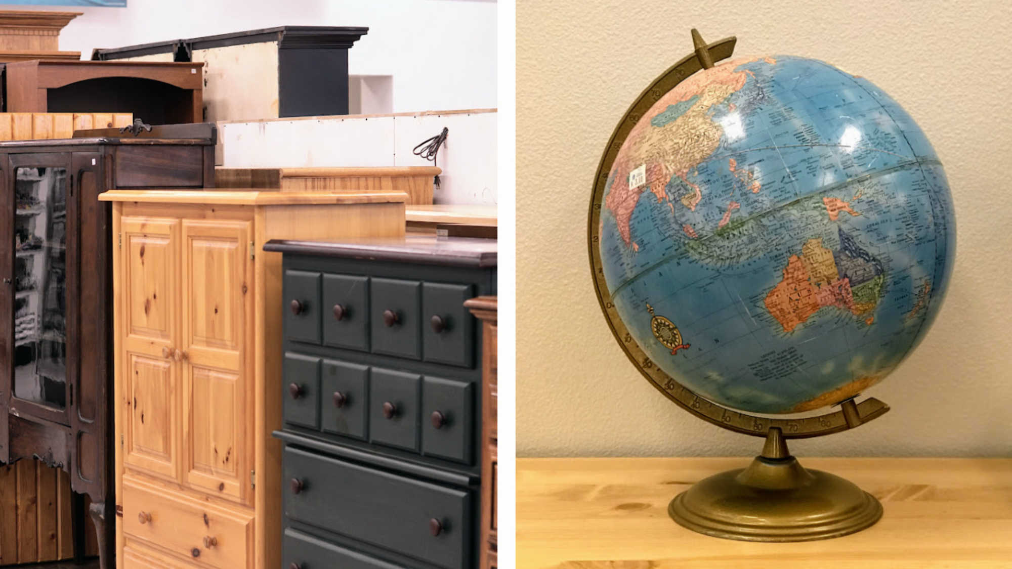 On the left, a number of dressers available for purchase at DI on the right, a globe that was bought from a DI store
